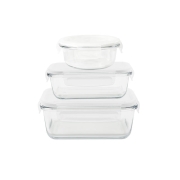 Pebbly Set van 3 Opbergdozen/Ovenschalen 650 ml - 620 ml - 800 ml Set van drie ovenschalen van borosilicaatglas met deksel